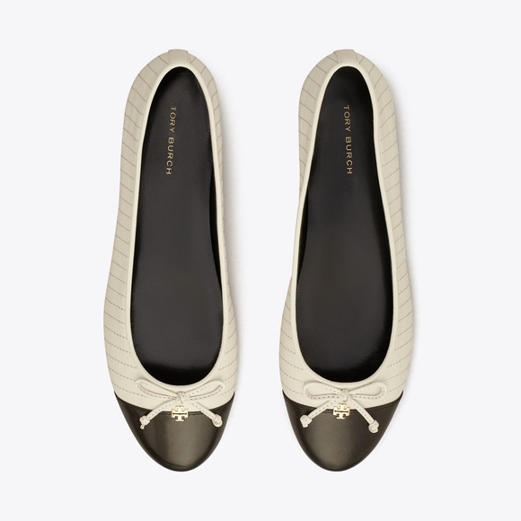 Tory Burch Cap-Toe Quilted Ballet Flats • Size 7M • Cream/Black • Like New - Picture 1 of 9